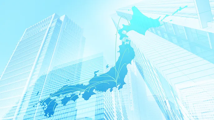 日本地図と高層ビル群を重ねた構図で、全国に広がる直営ネットワークをイメージしたグラフィック。