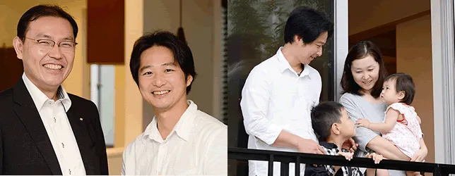 (左写真)I.T.様と営業担当の粟田。誕生日が同じだったことから話が盛り上がったことも。売却にとどまらず住みかえのあれこれを気兼ねなく相談する間柄に。(右写真)2人のお子様の成長を見据え、部屋数の多い一戸建ての購入を決断したI.T.さんご夫妻。落ち着いた佇まいの新居のベランダにて、心和む家族の時間が流れます。