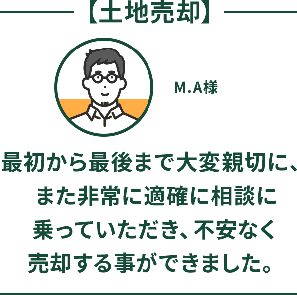 土地売却 最初から最後まで大変親切に、また非常に適確に相談に乗っていただき、不安なく売却する事ができました。 M.A様