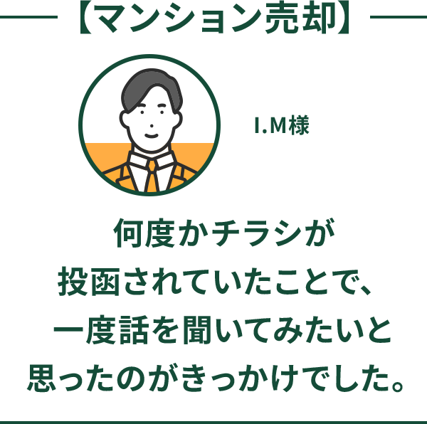 マンション売却 何度かチラシが投函されていたことで、一度話を聞いてみたいと思ったのがきっかけでした。 I.M様