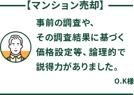 事前の調査や、その調査結果に基づく価格設定等、論理的で説得力がありました。 O.K様