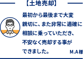 土地売却 最初から最後まで大変親切に、また非常に適確に相談に乗っていただき、不安なく売却する事ができました。 M.A様