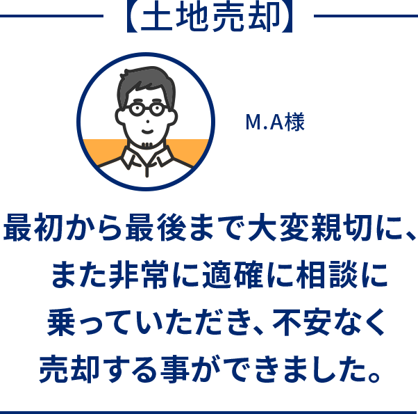 土地売却 最初から最後まで大変親切に、また非常に適確に相談に乗っていただき、不安なく売却する事ができました。 M.A様