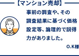 事前の調査や、その調査結果に基づく価格設定等、論理的で説得力がありました。 O.K様
