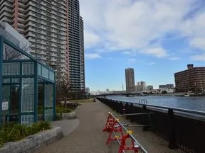 橋を渡り、辰巳運河沿いを直進