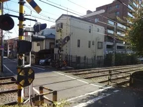 最初の都電荒川線の踏切を左折します