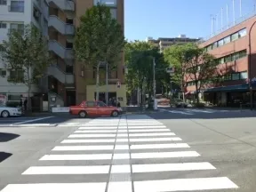 外苑西通りを信号のある横断歩道で渡り<br>、そのまま直進します