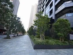 北側から見た公開空地と外観