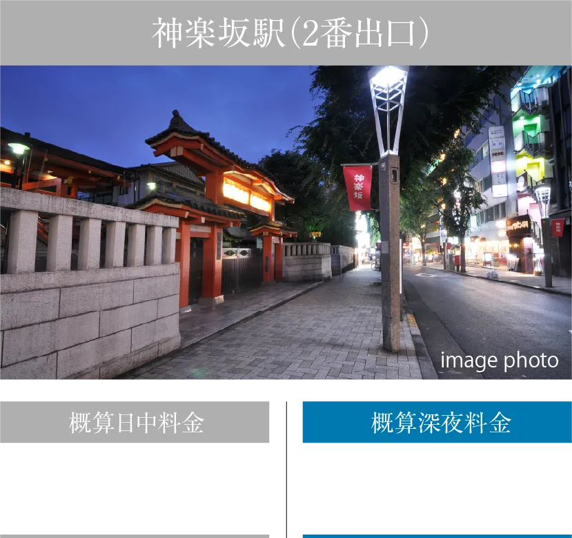 神楽坂駅（2番出口）概算日中料金約600円（約10分）概算深夜料金約700円（約10分）