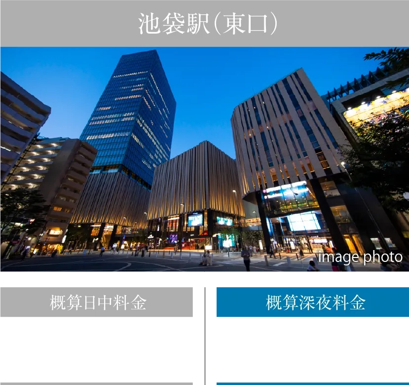 池袋駅（東口）概算日中料金約1,700円（約20分）概算深夜料金約2,000円（約10分）
