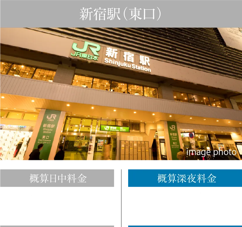 新宿駅（東口）概算日中料金約2,100円（約20分）概算深夜料金約2,500円（約20分）