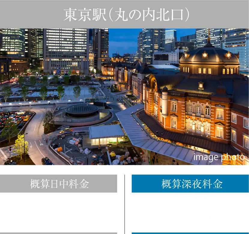 東京駅（丸の内北口）概算日中料金約2,800円（約30分）概算深夜料金約3,300円（約20分）