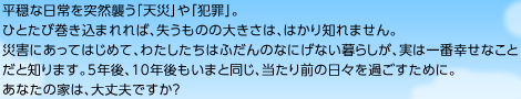 平穏な日常を突然襲う「天災」や「犯罪」。ひとたび巻き込まれれば、失うものの大きさは、はかり知れません。災害にあってはじめて、わたしたちはふだんのなにげない暮らしが、実は一番幸せなことだと知ります。5年後、10年後もいまと同じ、当たり前の日々を過ごすために。あなたの家は、大丈夫ですか？