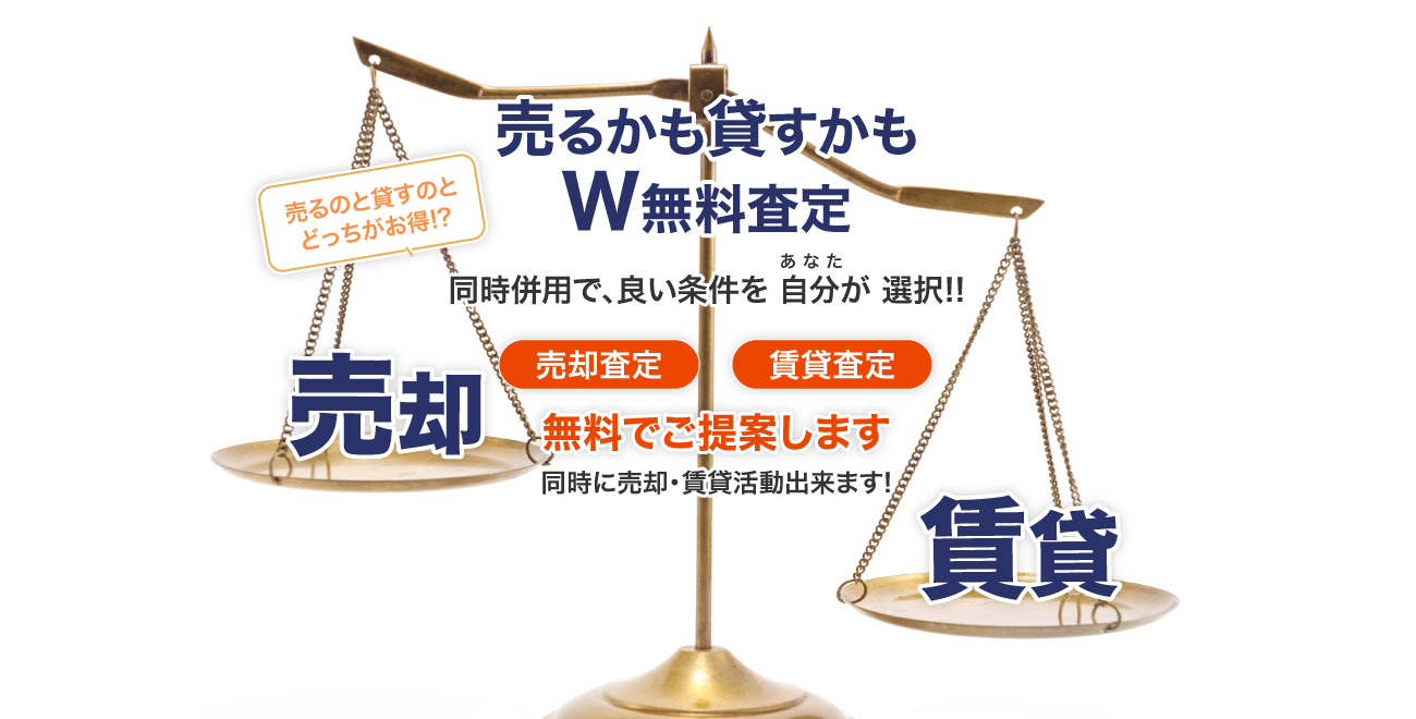 売るのと貸すのとどっちがお得！？ 売るかも貸すかもW無料査定 同時併用で、良い条件を 自分（あなた）が 選択！！ 売却査定 賃貸査定無料でご提案します 同時に売却・賃貸活動出来ます!