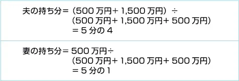 不動産を購入すると、不動産の所有者は、所有者たる名義を登記します。その名義の登記は資金の割合で決まります。計算は、「持ち分割合＝拠出した資金÷マイホームの購入代金」により求められます。ご質問の場合は、次の通りです。
